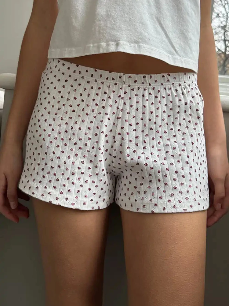 

2024 Red Floral Eyelet Cotton Shorts Women Summer Casual Elastic Waist Straight Sweatshorts Vintage Sweet Cute Home Short Pants