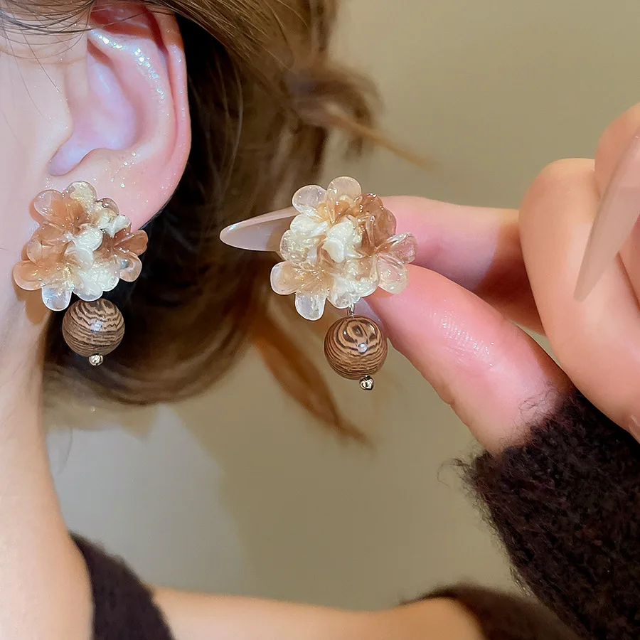 Flower Resin Stud Earrings Brown Vintage Maillard C-shaped Tiger's Eye Stone Ear Studs Women Square Rhinestones Jewelry Daily K