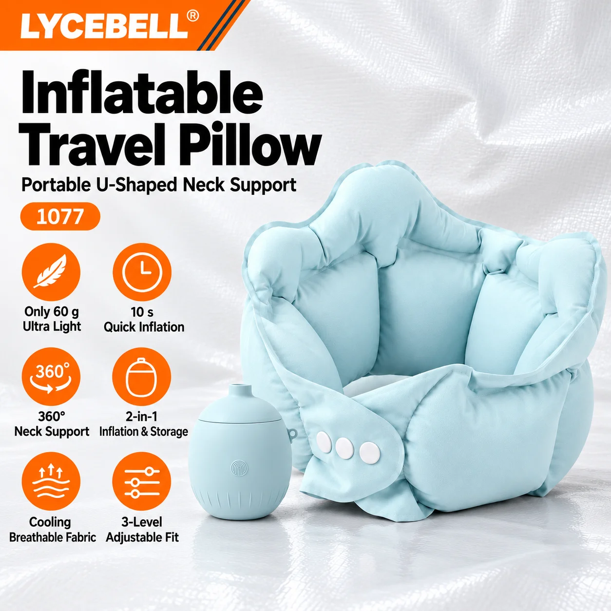 HoldPeak Portable Inflatable U-Shaped Neck Pillow 60g Cooling Filament 10s Inflate Travel Pillow for Airplane Office Nap