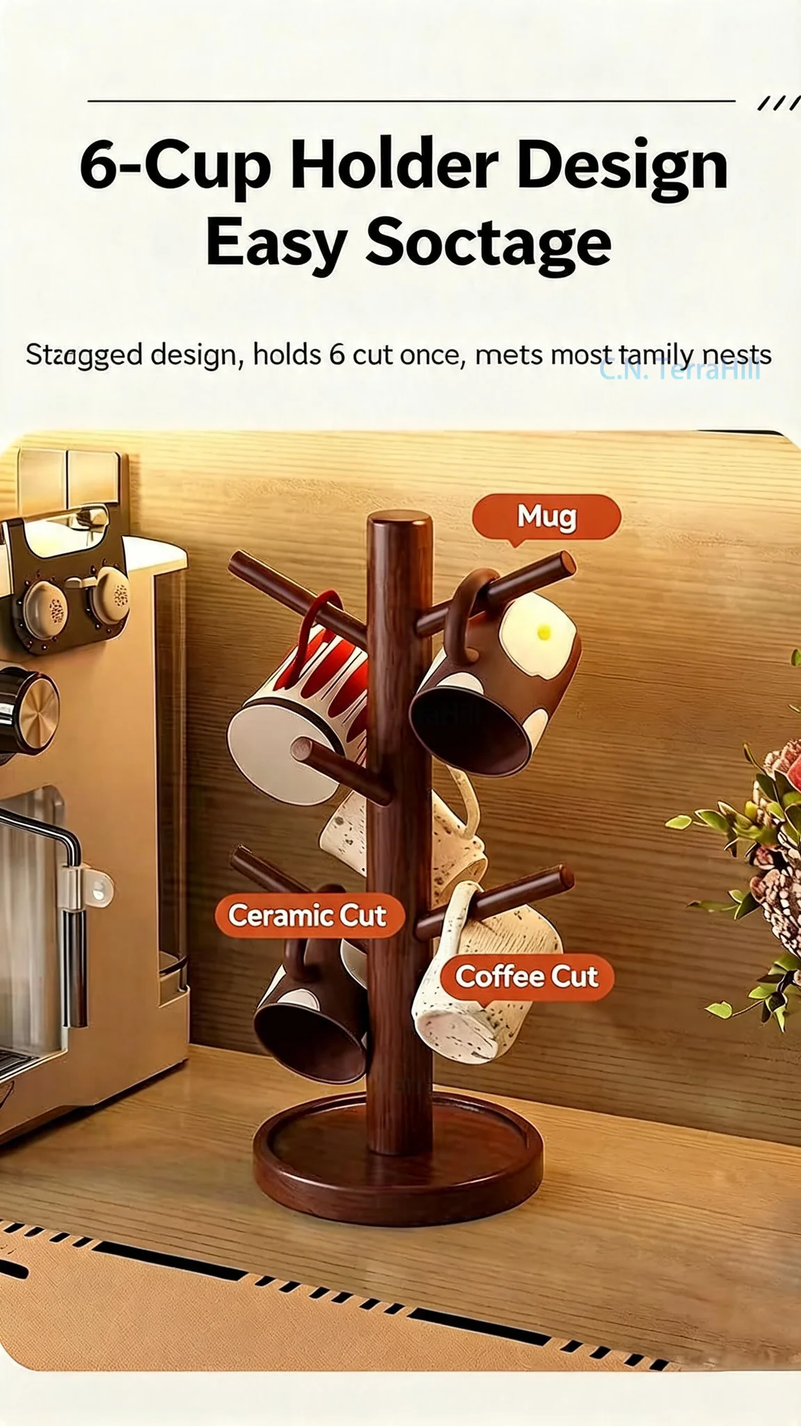 Wooden Mug Holder Wall Mounted Cup Rack with Hooks for Coffee Tea Cups Inverted Drainage Storage Organizer