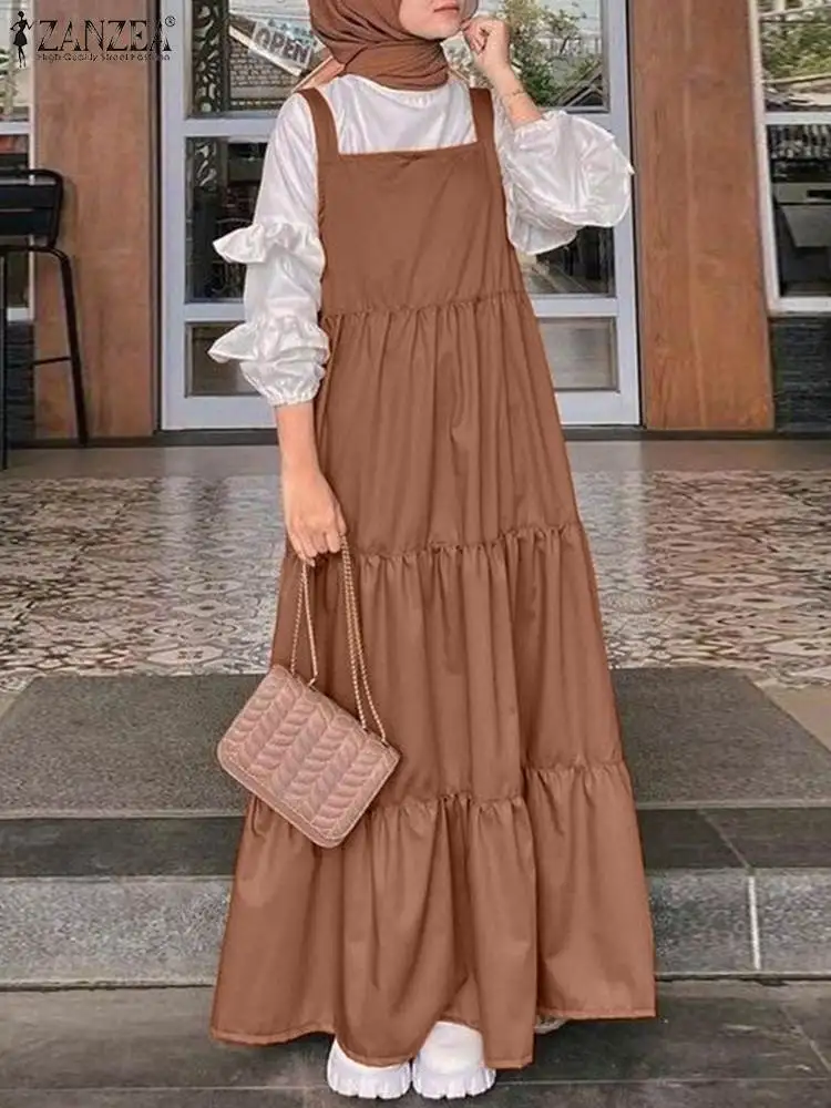 2023 ZANZEA Muslim Women Straps Dress Autumn Solid Ruffles Sundress Elegant Maxi Overalls Dresses Turkey Abaya Hijab OL Vestidos