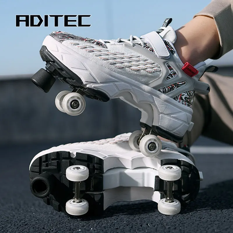 Pu Leather Four-Wheel Roller Skate Shoes Casual Deformation Parkour Sneakers For Rounds Adult Kids Of Running Sport Shoes