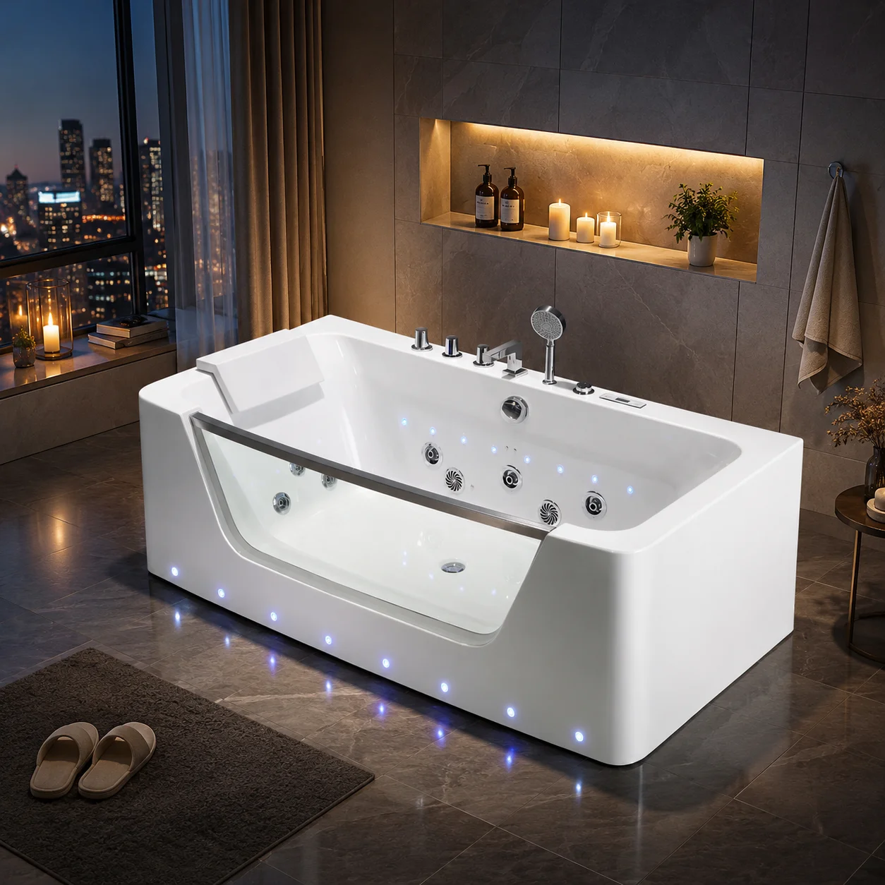 Whirlpool BathGlass Front LED Accent Acrylic Whirlpool Massage Bathtub For Hospitality Contract 170cm Digital Control Hydrothera