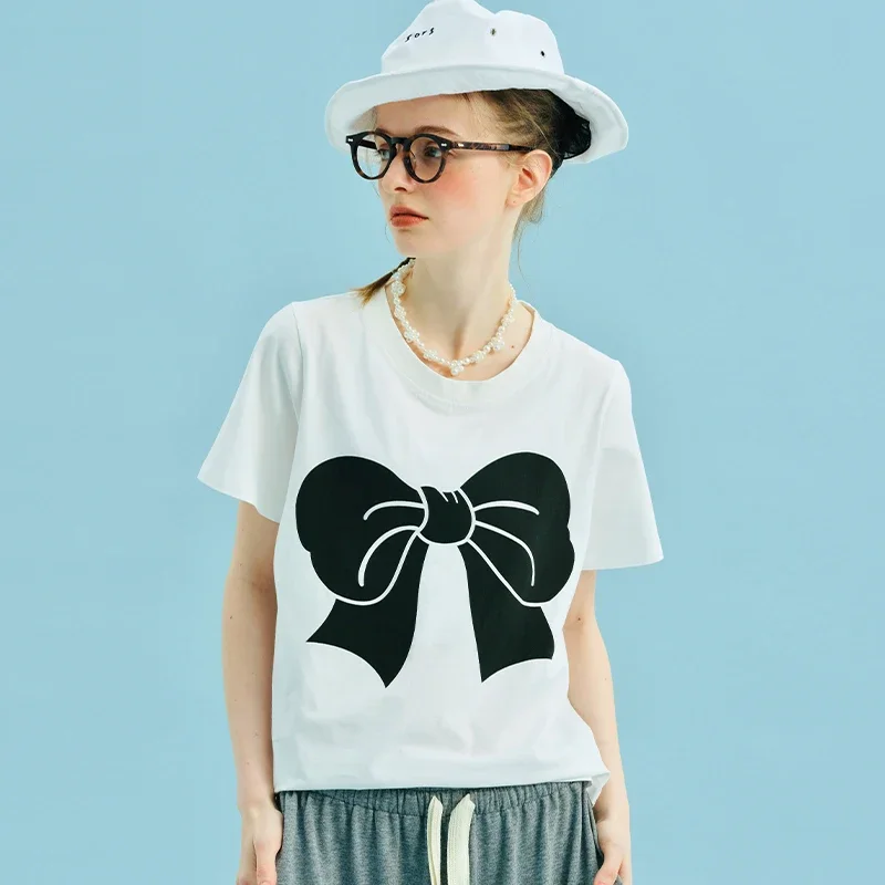 

Spring Women's White Bow Arrow Breathable Cotton Oversized T-shirt in Summer Y2k Street Clothing Casual Loose Half-sleeved Top