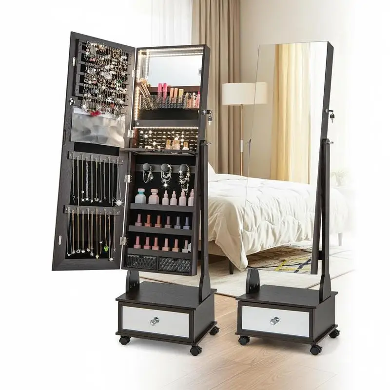 47 inch afsluitbare sieradenkast met 3-kleurige LED-verlichting, bruin