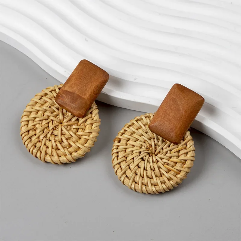 New Fashion Bamboo Wooden Straw Weave Rattan Knit Vine Geometric Round Triangle Long Earrings Bohemian for Women Party Jewelry