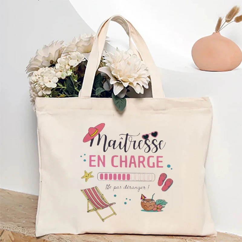 Funny French Teacher Tote Bag, 'Maîtresse En Charge' Vacation Print, Summer Beach Gift Bag