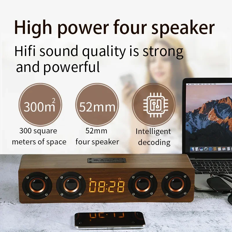 W8C Wooden Bluetooth Speakers 4 Horns Sound Bar TV Echo Wall Home Theater Sound System HIFI Sound Quality Soundbox for PC/TV