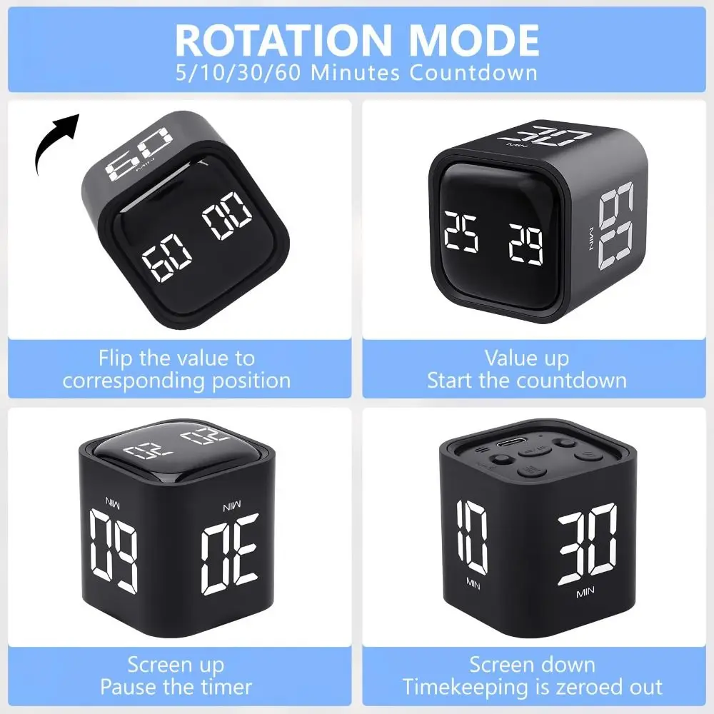 Gravity Sensing Digital Cube Timer Rotation Timing 5/10/30/60min Pomodoro Timer 3 Volume Adjustable Custom Countdown