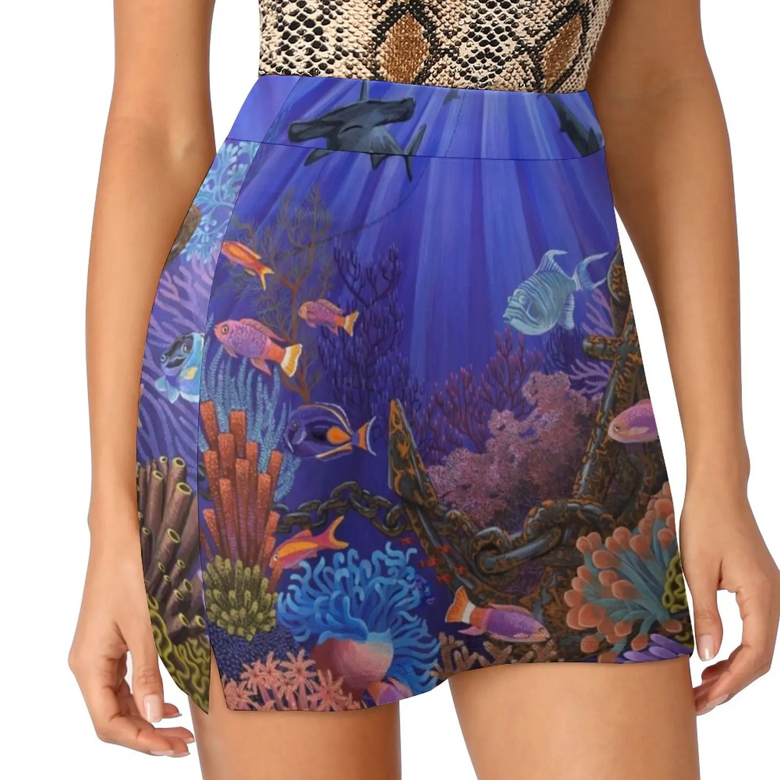 

Underwater Coral Reef Skirts Woman Fashion 2022 Pant Skirt Mini Skirts Office Short Skirt Underwater Anchor Coral Reef Fish