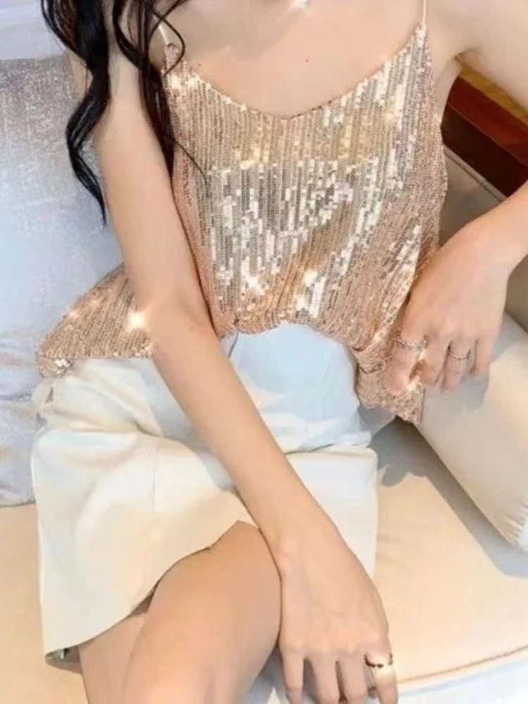 Silver Glittering Sequin V-neck Sling Vest Women's Short Loose Tops Outerwear Party Hot Sweet Lady Summer Tank Top Summer Korean