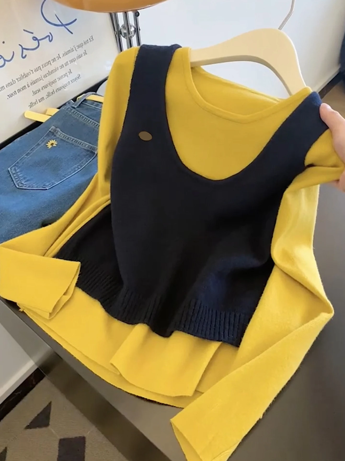 

Вязаный жилет, комплект из двух предметов, повседневная осенняя длинная толстовка с капюшоном Sve, женская модная основа irt для поездок на работу, средний размер, софтн, стандартный крой