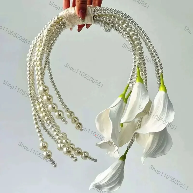 DIY Bridal Calla Lily Pearl Bouquet Kit Handmade Wedding Flowers Craft Material Bag for Special Occasions Split Dress Bouquet
