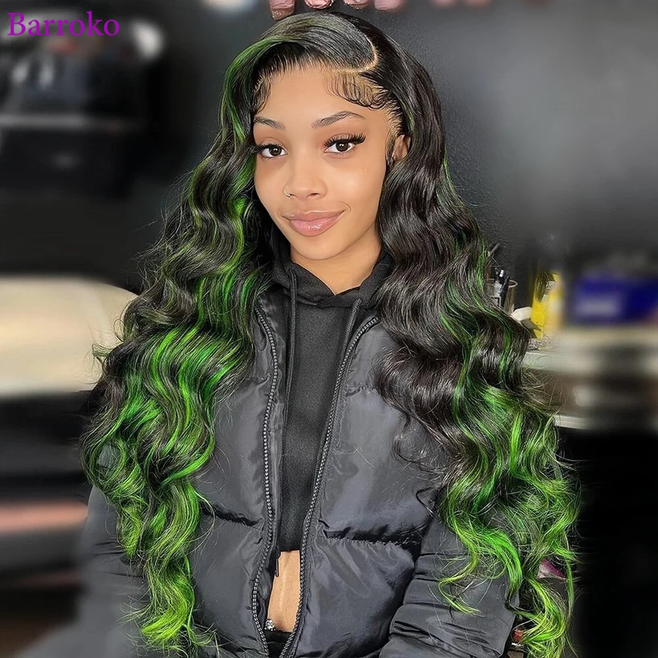 Barroko Omber Green Colored Wig Body Wave Lace Front Human Hair Wig Highlight 1B Green Hair Pre Plucked Wig Human Hair Brazilian