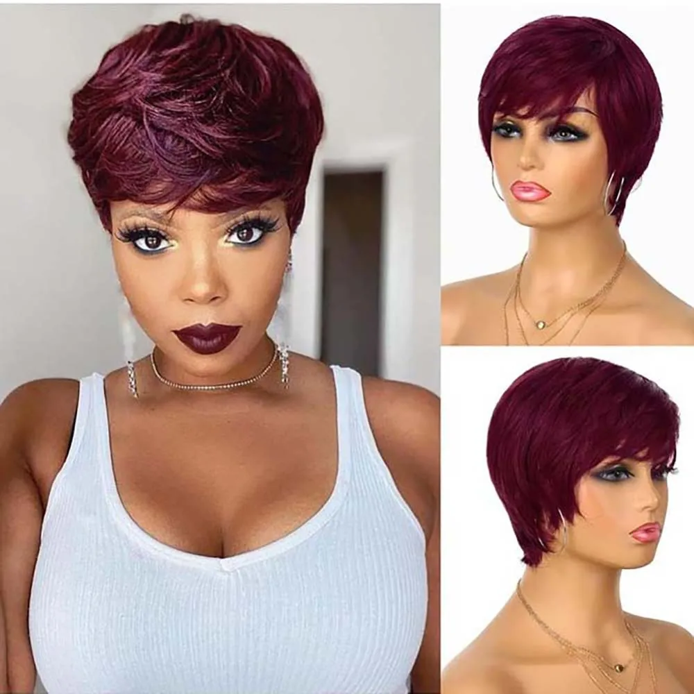 Peruki 99J z włosów naturalnych wysokiej jakości, krótka peruka pixie cut, krótka prosta peruka z włosów naturalnych wykonana w całości maszynowo dla kobiet, krótka peruka z włosów naturalnych.