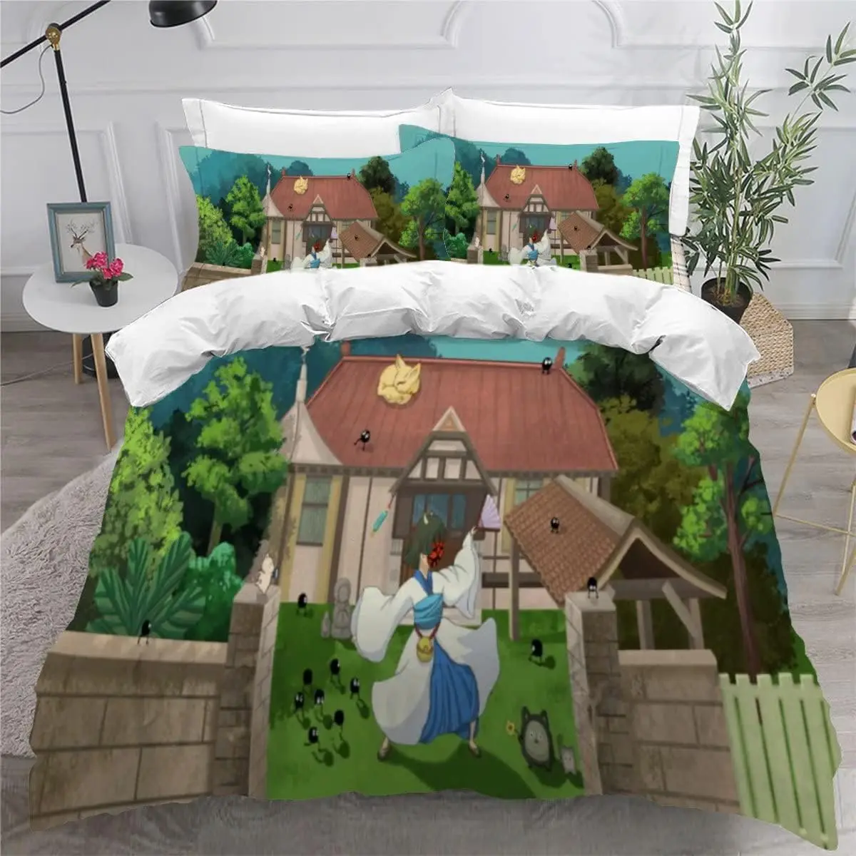 Japanese Anime Landscape Duvet Cover Set 3D Cartoon Bedding Set with Pillowcase Zipper Closure 3-Piece Quilt Cover Single