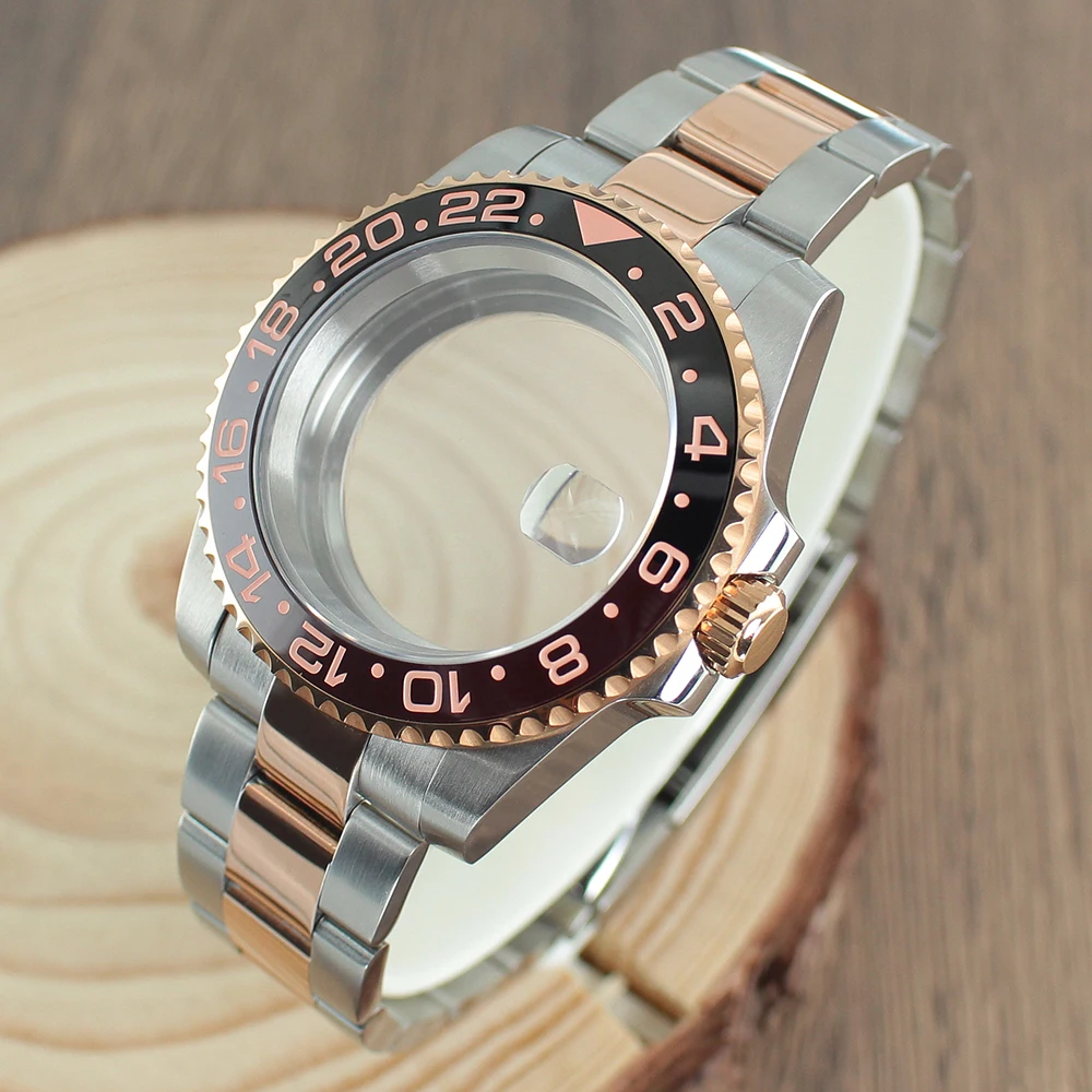 

40mm NH34 GMT Watch Case for Seiko NH35 NH36 NH38 8215 2824 PT5000 Sliding Lock Watch Bracelet Repair Rose Gold Part Sapphire