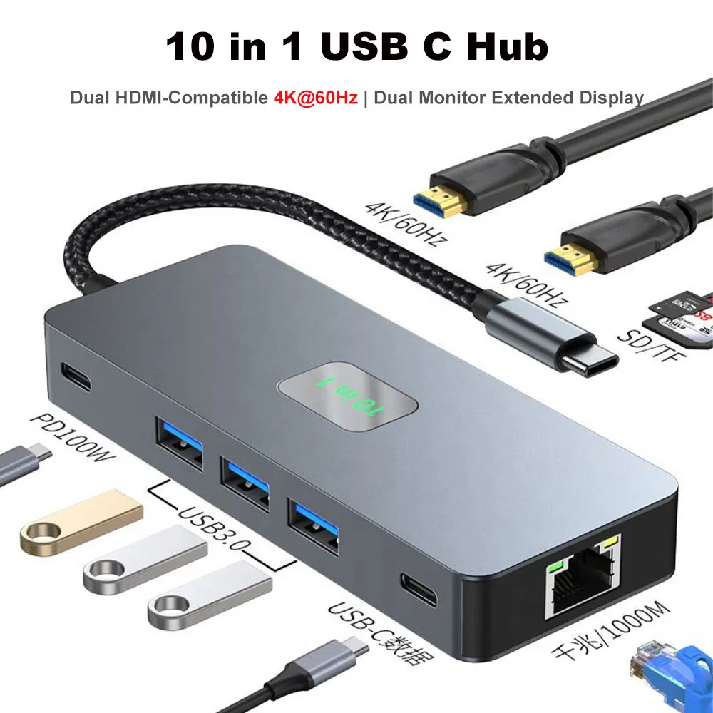 10 in 1 Dual HDMI-Compatible 4K@60Hz USB C Docking Station 100W PD 3xUSB 3.0 Gigabit RJ45 SD/TF Type C Hub for MacBook Pro XPS