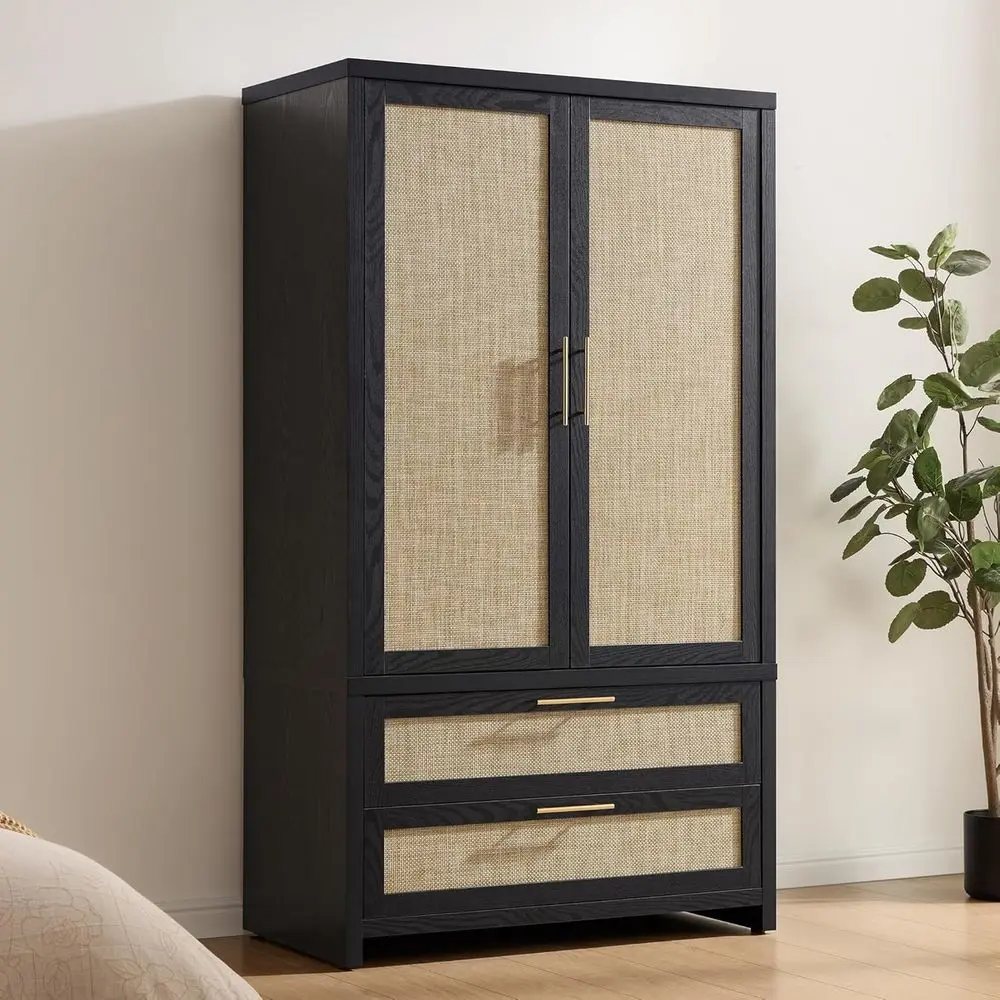 Kuro Rattan Black Oak Armoire showing front doors and natural woven weave detail