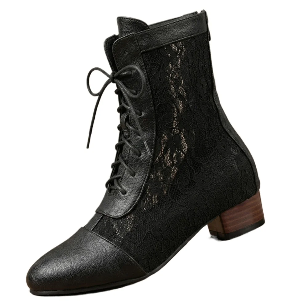 Women Vintage Lace Mid Calf Boots Round Toe Block Heel Lace‑Up Back Zipper Fashion Boots Big Size 32‑50 00-1