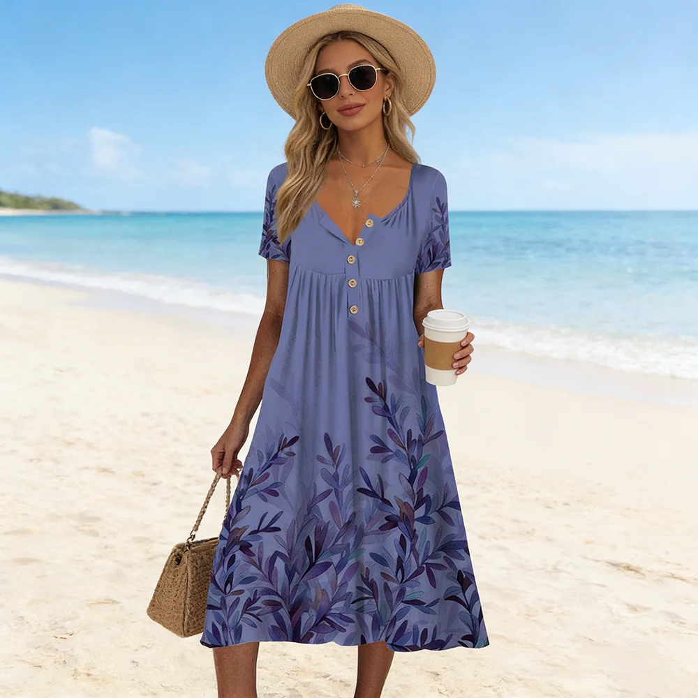 Boho Lila Blätterdruck Knopfleisten-Sommerkleid mit Seitentaschen