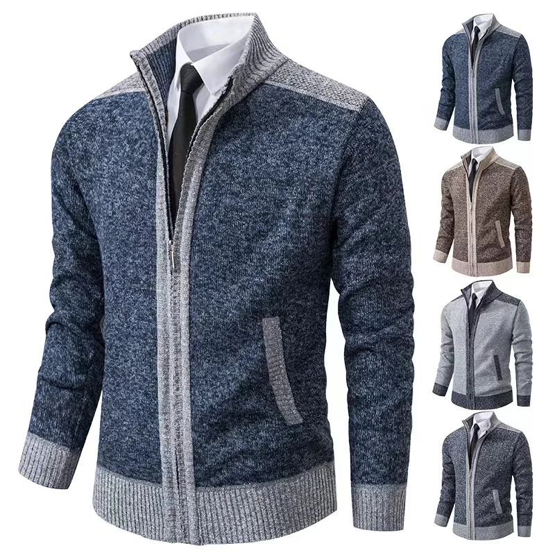 2024Autumn/Winter Men's Casual Standing Neck Knitted Cardigan Sweater Korean Edition Fashion Versatile Warm Knitted Sweater Coat