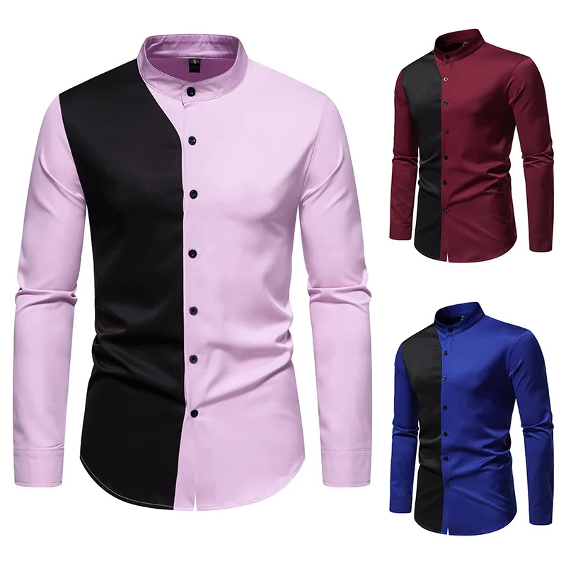 

2024 Autumn New Men's Henley Collar Colored Long Sleeved Shirt Fashion Slim Fit Standing Collar Casual Shirt