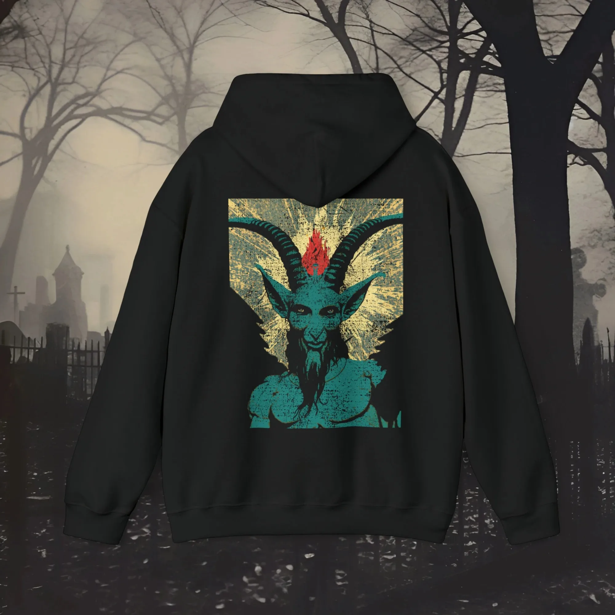 الرجال هوديي المتضخم القوطية Baphomet الماعز طباعة الرعب الشارع الشهير البلوز الأسود مقنعين البلوز