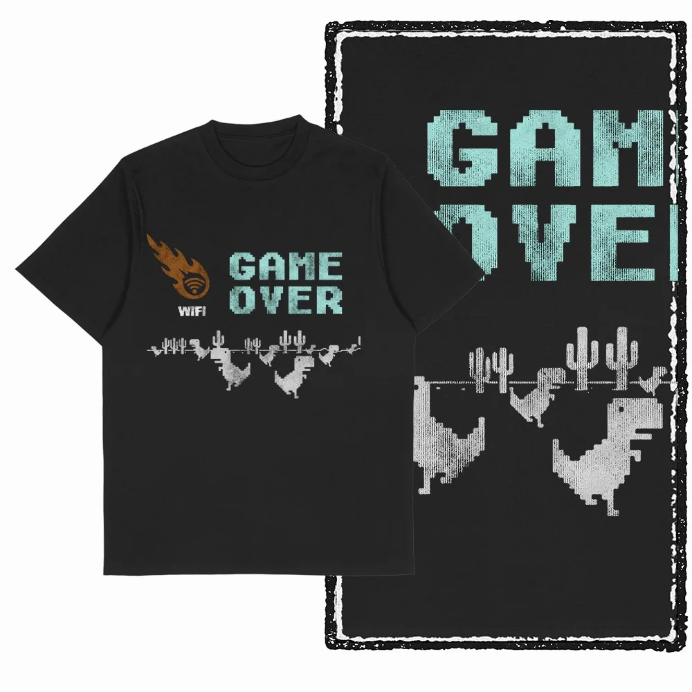 Men's Retro Dino T-Shirt Black Big Size Cool Dinosaur Game Pixel T-Rex Funny Graphic Cotton Men T Shirt Unique Tee Shirt G79