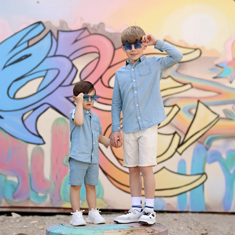Summer Denim Blue Clothes Sibling Matching Girl and Teenage Dress Boys Shirt Baby Set Stars Designs Sleeves With White Stripes