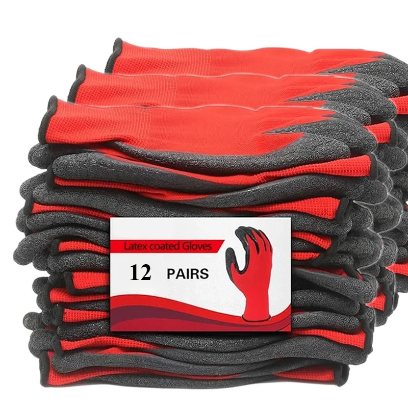 12組の作業用手袋-ラテックスゴムコーティング-滑り止め-防水-耐摩耗性-耐久性-建設産業用