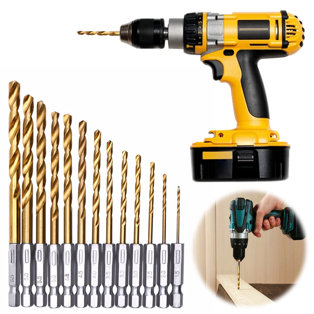

13 PCS 1/4inch Hex Drill Bit Set Impact Driver Twist Drill Bit Set Quick Change Design Titanium Twist Hex Drill Bits 1.5-6.5mm