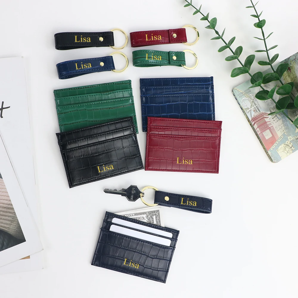 Customized name 1 set of solid-color crocodile-patterned PU leather universal ultra-thin credit card holder keychain set