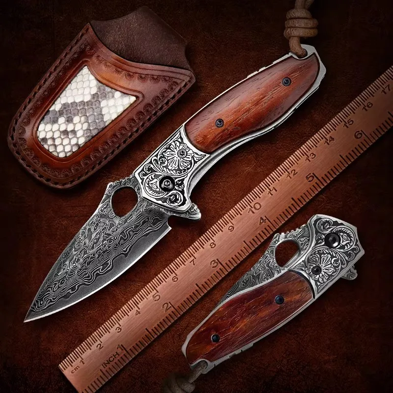 Damascus Pocket Knife with Sheath Handmade Japanese VG10 Steel Core Rosewood Folding Knives Self Defense For Hunting Camping