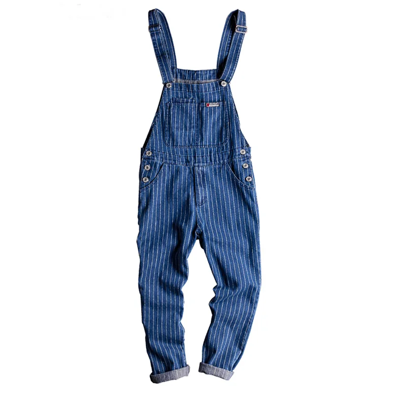 Sokotoo Men's stripe printed blue denim bib overalls Suspenders jumpsuits Coveralls Youth jeans