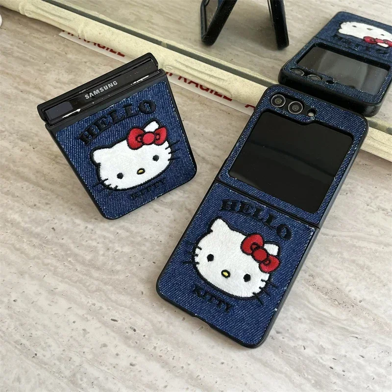 Cute Cartoon Sanrio Hello Kitty Cowboy Denim Fabric Embroidery Leather Phone Case For Samsung Galaxy Z Flip 6 5 4 3 Hard Cover