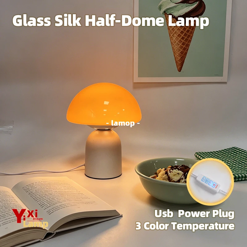 Murano Glass Silk Half-Dome Table Lamp French Cream Bedside Lamp 3 Color Gentle Warm Light for Reading Book Desk Sweet Homestay