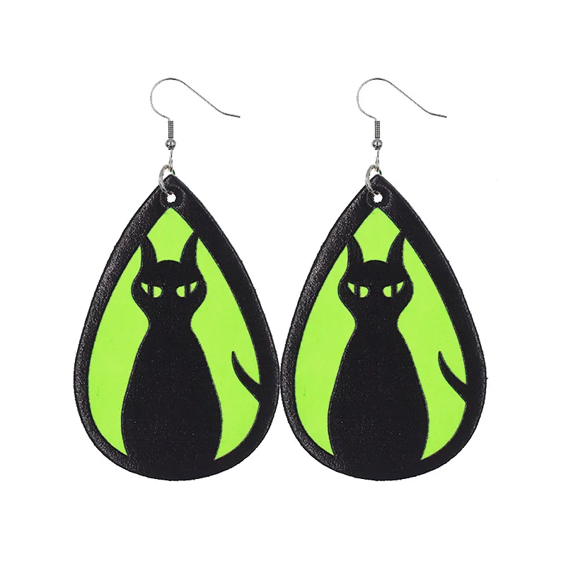 Halloween Terror Fluorescent Bat Ghost Earrings Creative Glow Skeleton Black Cat Pumpkin Spider Punk Leather Drop Earrings