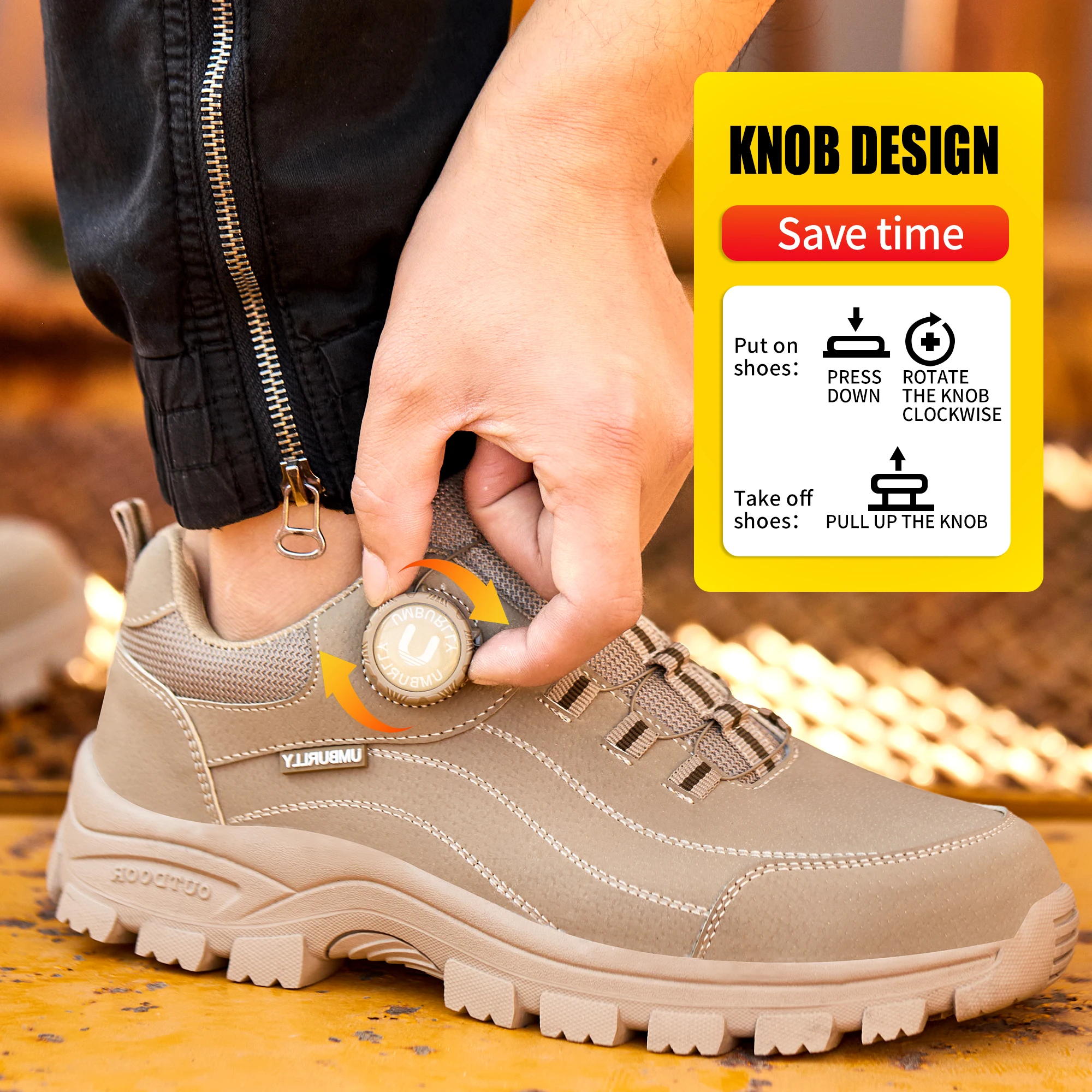 Men's Safety Shoes with Button Design Steel Toe Anti- Crush Resistant And Slip-Resistant Outsole for Outdoor Workshop Workwear