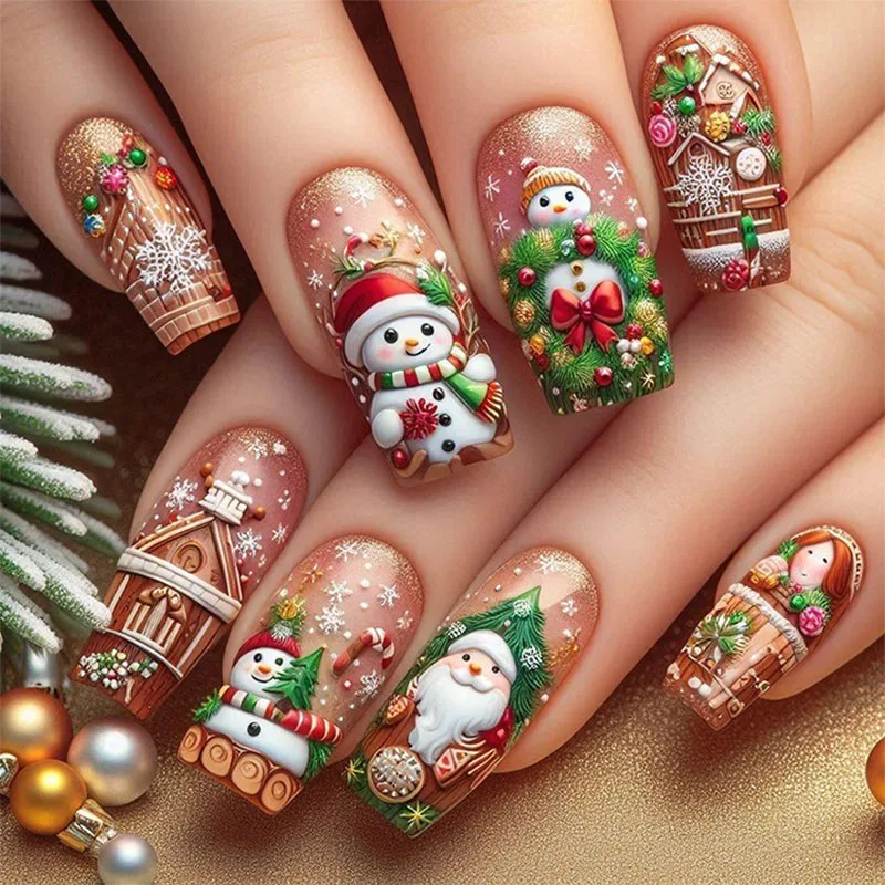 

24pcs Christmas Village Press-On Nails – Long Square Shape with Santa, Snowman, Gift Box & Bow Motifs
