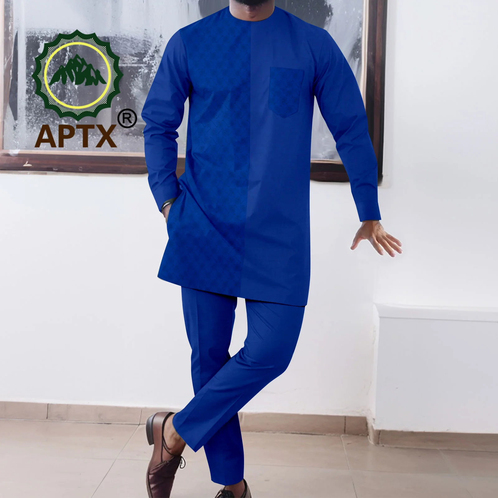 APTX Causal African Men's Suit 2 Piece Set Wedding Clothes Sportswear O-neck Shirt +Pants Abaya Polyester Material A2316100