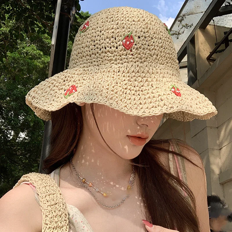 Cute Strawberry Pattern Foldable Woven Premium Quality Crochet Sun Bucket Hats for Women Fashionable Handmade Knitted Straw Hats