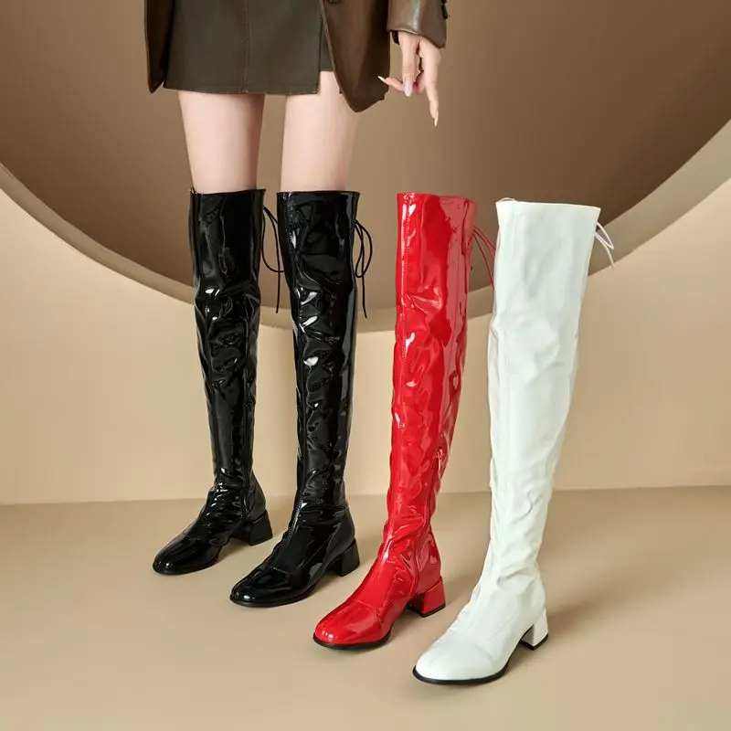 ORCHA LISA مثير لامعة فوق الركبة أحذية الفخذ حجم كبير 44-46 4.5 سنتيمتر كتلة الكعوب سستة الدانتيل متابعة موضة بوتا للحزب والتاريخ #1