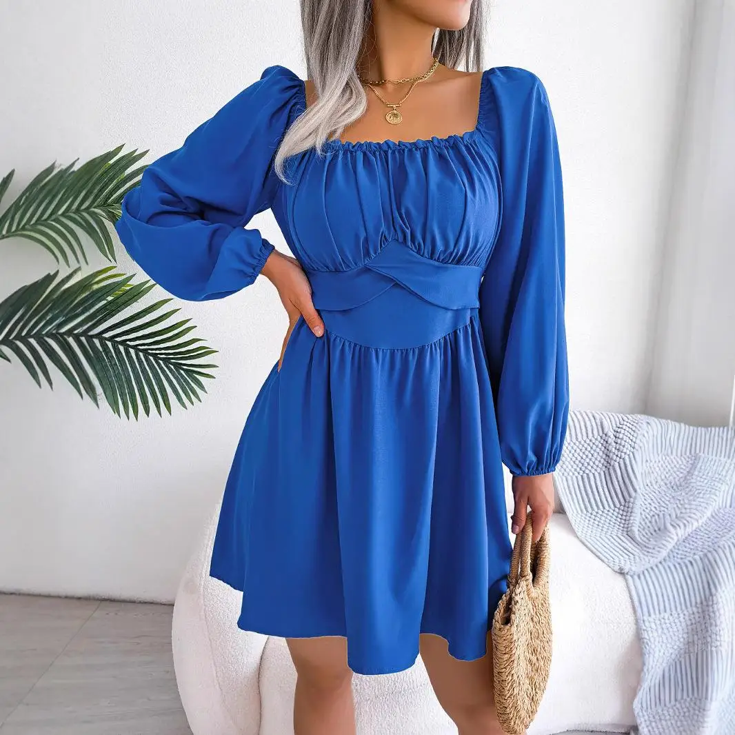Spring Summer Casual  Color Wooden Ear Trim Square Collar Waist Cinched Maxi Dr Cross-Border Women's High Waist A-Lin...