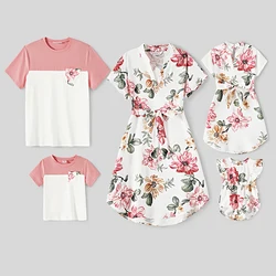 PatPat Family Matching Allover Floral Print Notched Neck Belted Dresses Short-sleeve Colorblock T-shirts Outfits