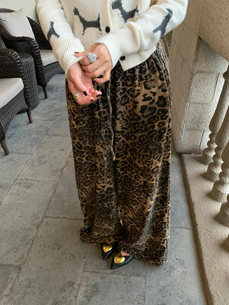 

Tiger Stripe Wide Leg Pants Women's Loose High Waist Elastic Waist Belted Autumn Winter Small Size Casual Trousers