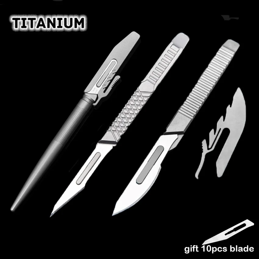 Thickened Titanium Alloy Carving Knife With Knife Cover EDC Scalpel Cut Paper Multifunctional Pocket Utility Knife Gift 10 Blade