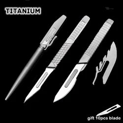 Cuchillo de tallado de aleación de titanio engrosado con cubierta de cuchillo EDC, bisturí de corte de papel, cuchillo multifuncional de bolsillo, regalo, 10 hojas