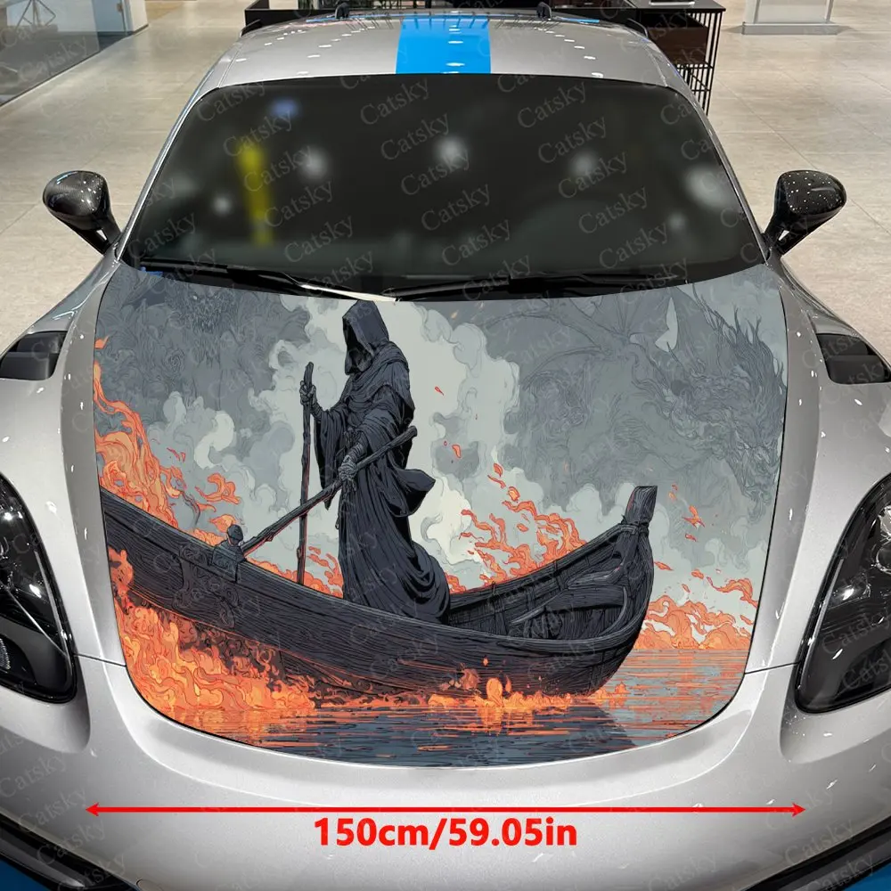 Dark Fantasy Grim Reaper Ferry Car Vinyl Wrap, PVC Waterproof Car Hood Sticker, Self-Adhesive Scratch-Resistant Stickers