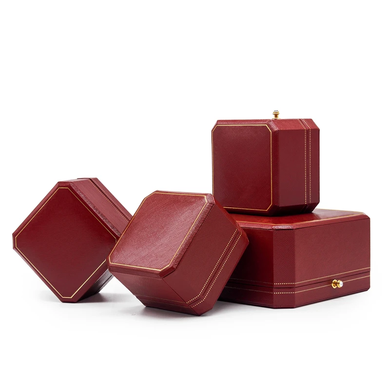 (5pcs) (Ca figure) Red Octagonal Diamond Studded Snap Ring Box, Ring Packaging Box, Wedding Ring Box